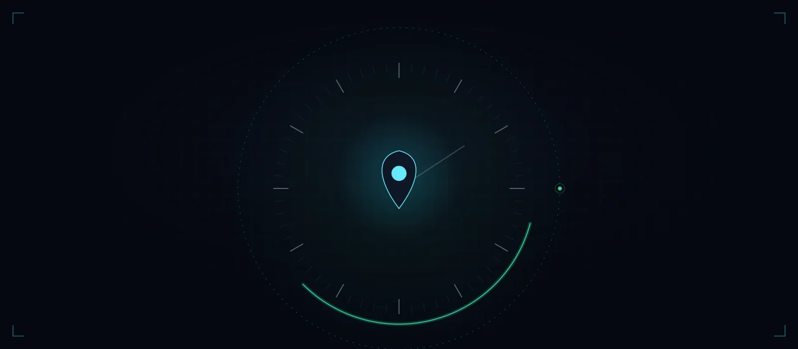 A 24-hour tick ring with a green worked-shift arc, dashed geofence, and a glowing location pin