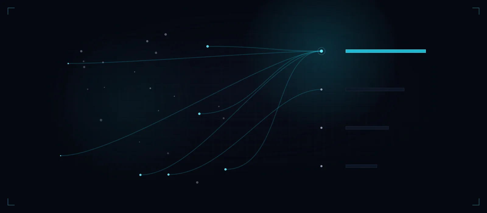 Scattered signal dots funnelled along curved paths into a ranked ladder, the top result glowing cyan