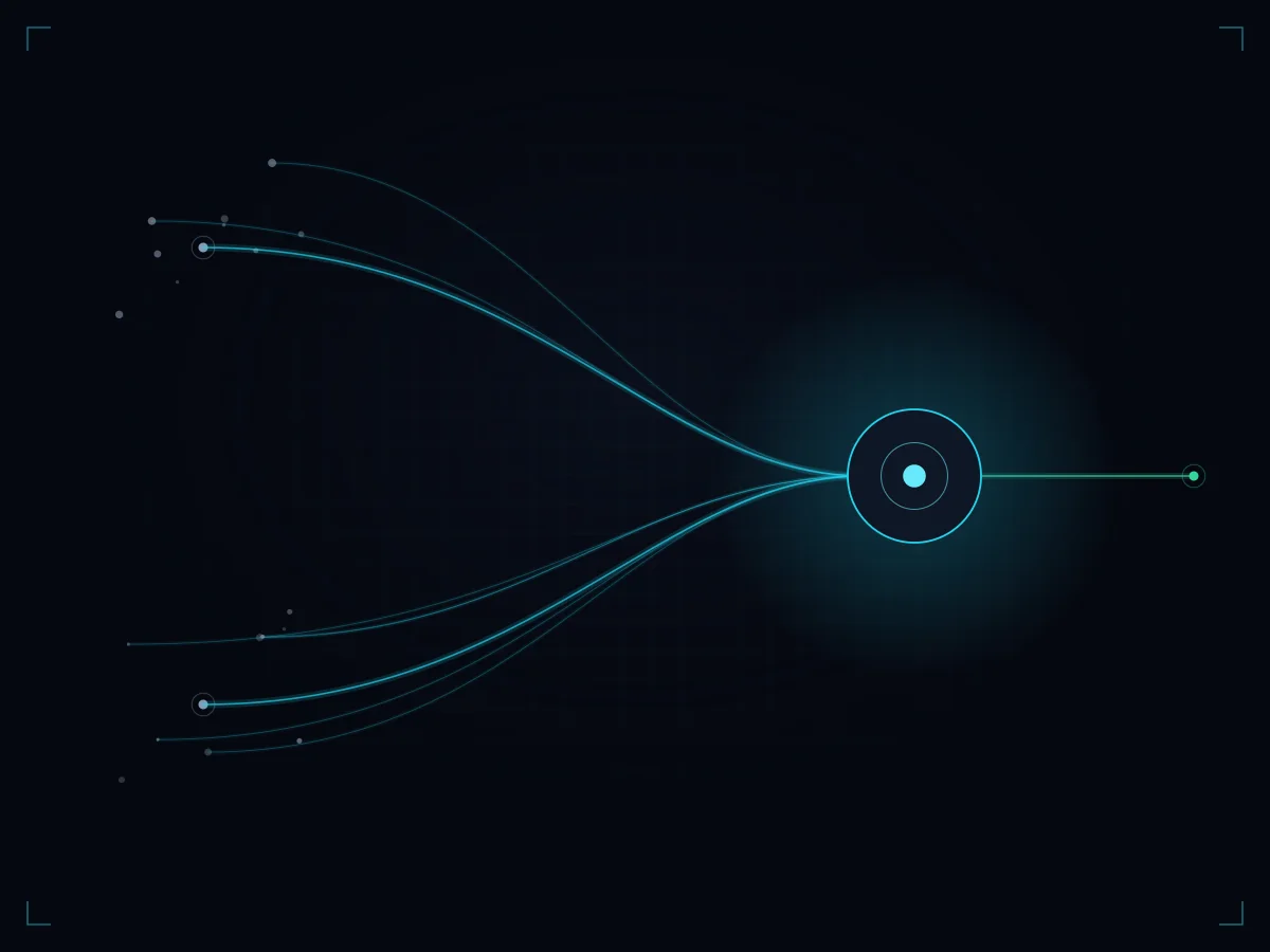 Paths from two large systems converging into a single bright node, then continuing forward